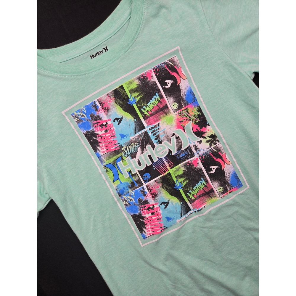 Hurley Kids Graphic T Shirt Mint Green Surf Art Collage Youth Medium 10 12 Years